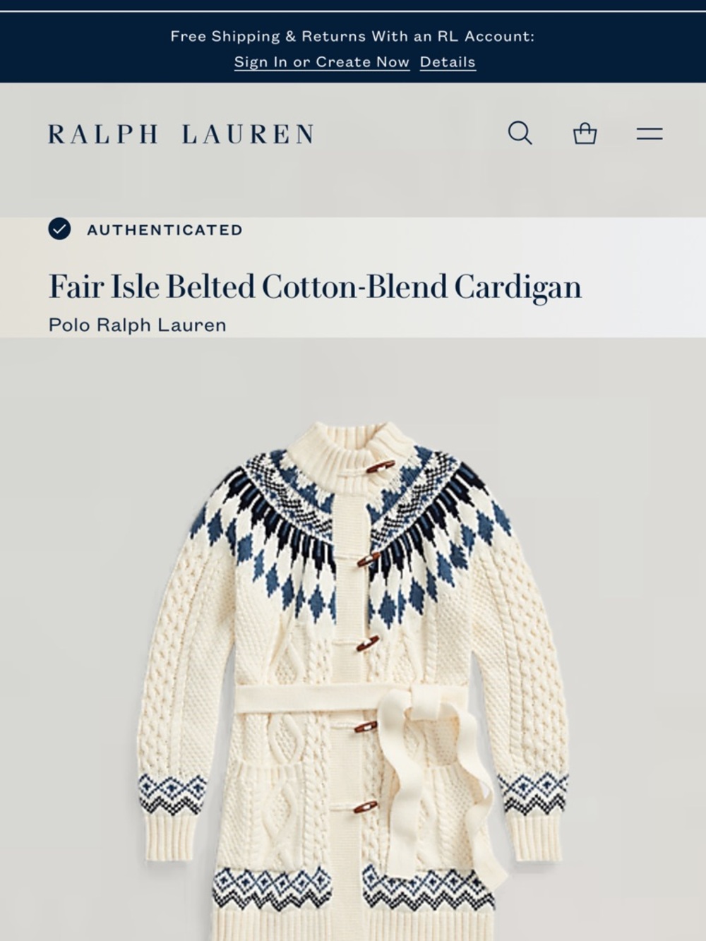 Polo by Ralph Lauren Cream Knit Cardigan with Navy Fair Isle Accents